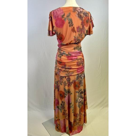 NWOT Anthropologie Maeve Simone Mesh Floral Ruched Midi Dress Orange Medium - Picture 7 of 16